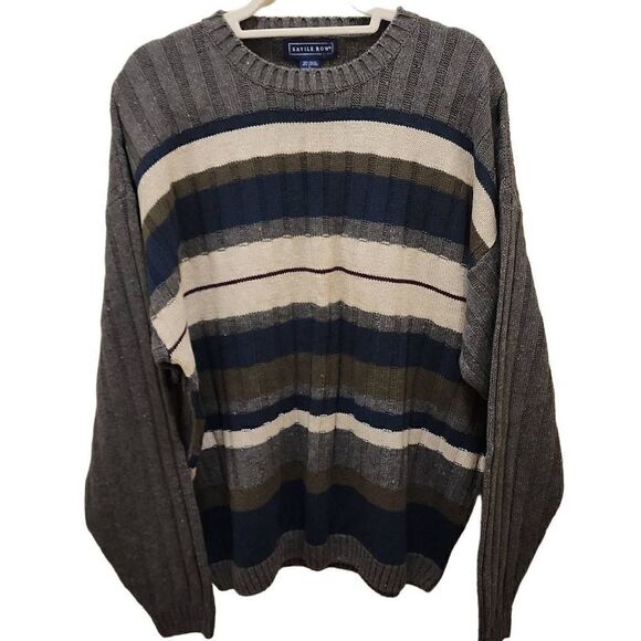 Savile Row Men's Gray Striped Ramie Ribbed Crew Neck Pullover Sweater Large - Picture 1 of 8